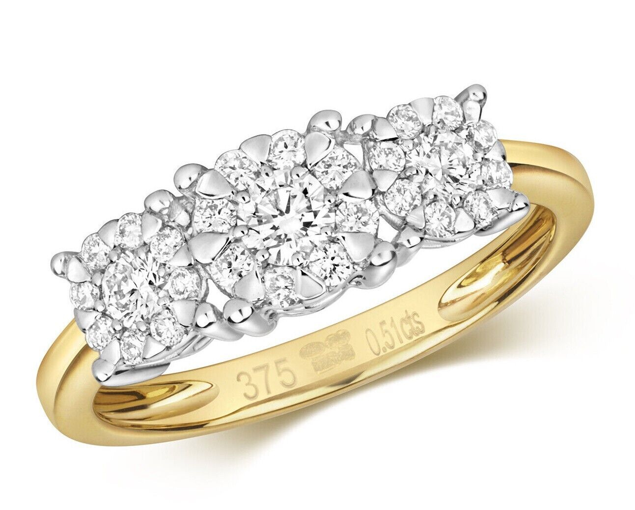 Real Diamond Three Cluster Ring 9ct Yellow Gold 0.51 carat of Diamonds