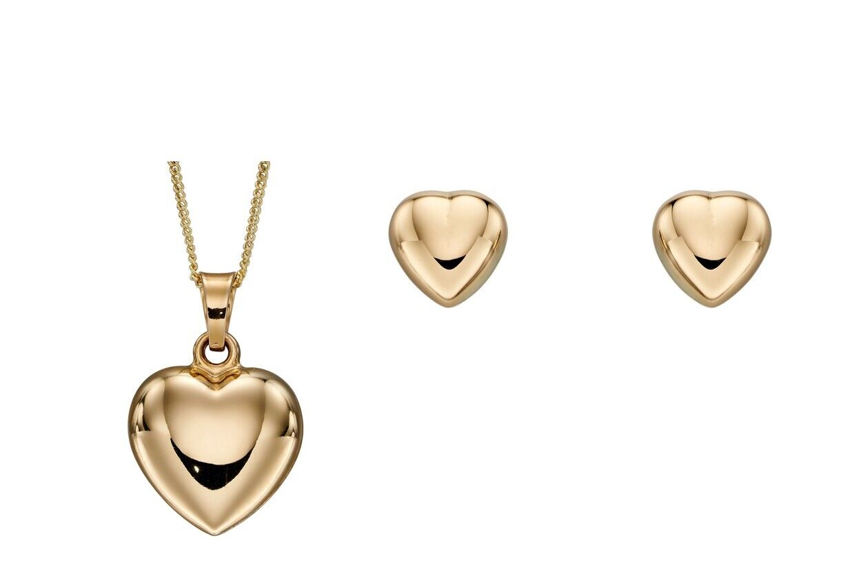 Heart Pendant and Earrings Set 9ct Yellow Gold 16, 18 or 20" Chain Hallmark