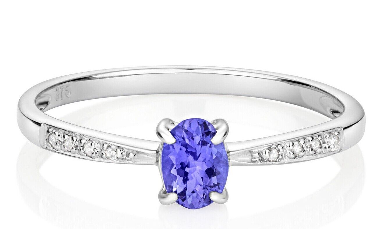 Real Tanzanite and Diamond Ring Solid White Gold Oval Cut Solitaire Size J - Q