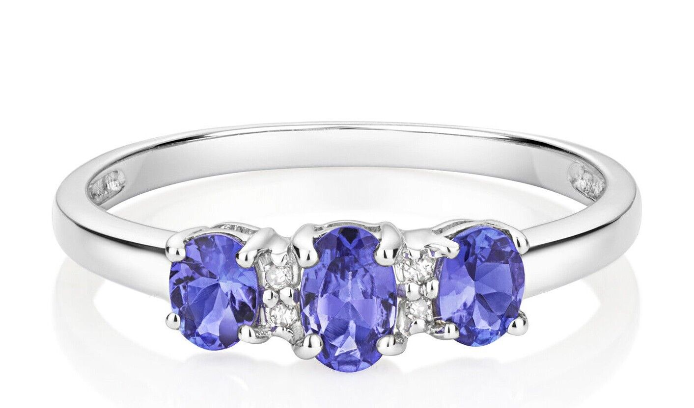 Real Tanzanite and Diamond Ring 9ct White Gold Trilogy Three Stone Size J - Q