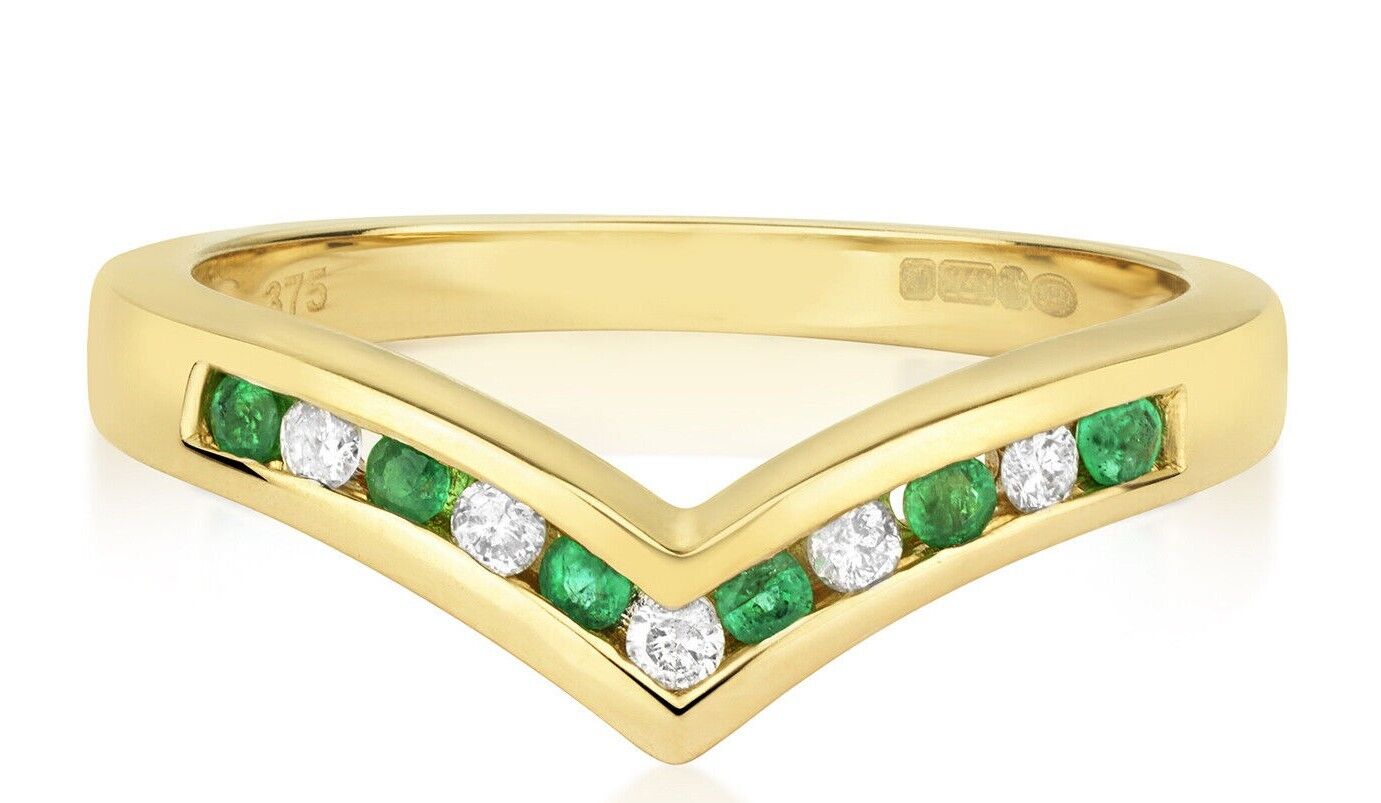 Real Emerald and Diamond Wishbone Ring Solid Yellow Gold Eternity Anniversary