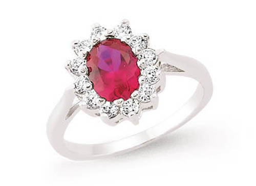 Ruby Oval Cluster Ring Solid Sterling Silver Platinum Finish 925 Hallmark