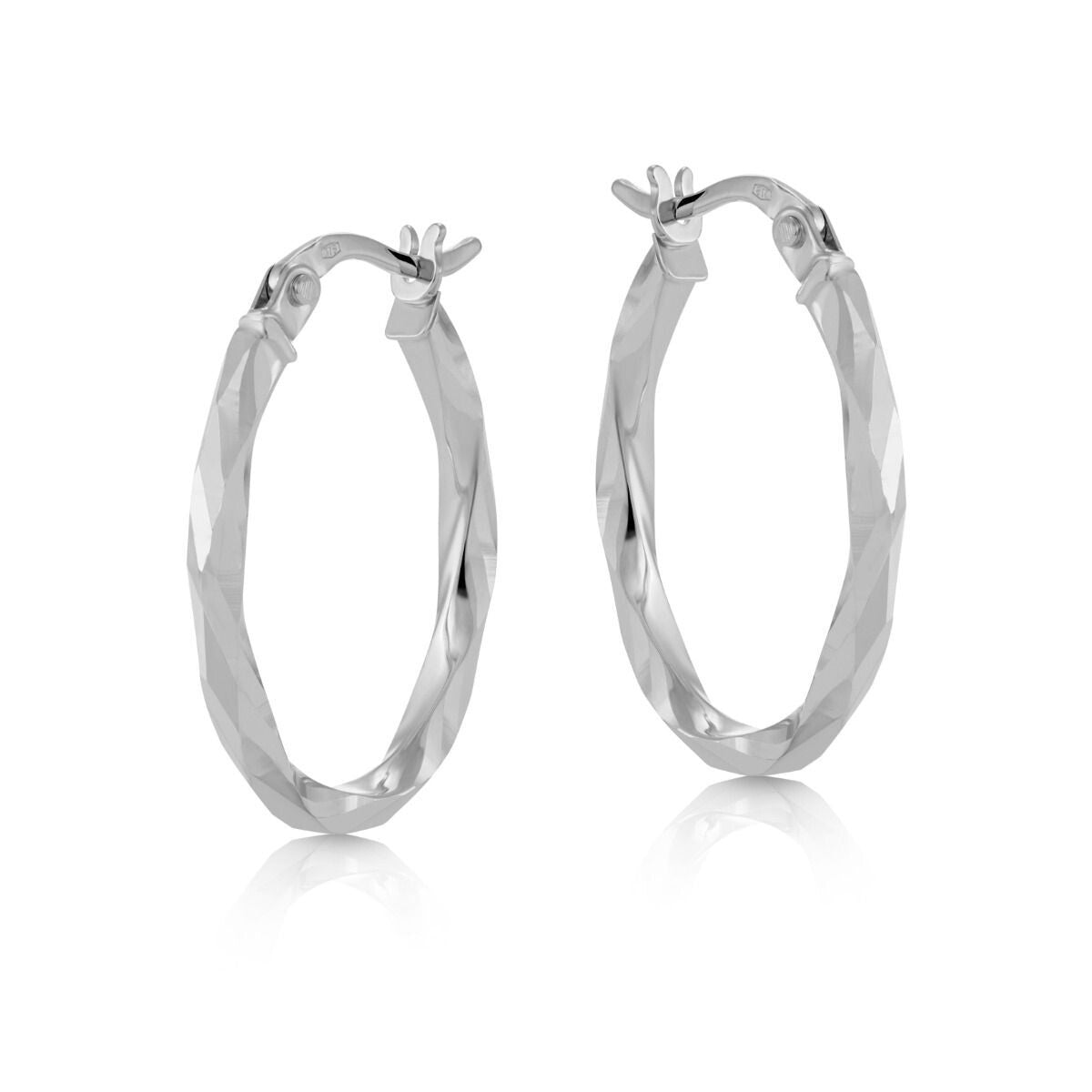 White Gold Oval Hoop Earrings Faceted Polished Hoops Hallmarked