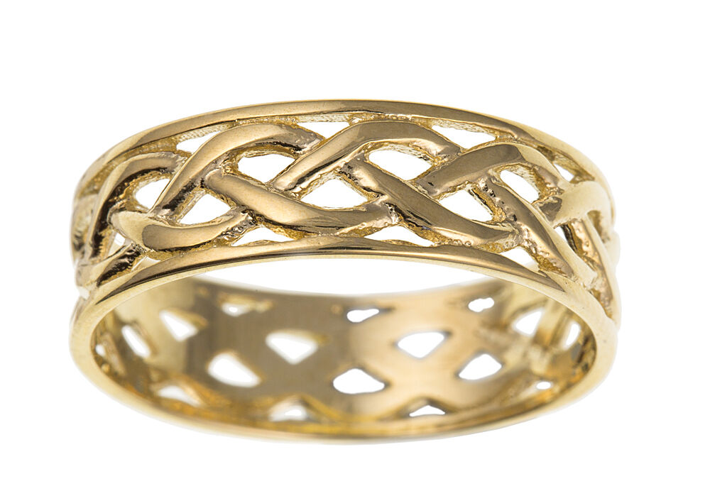 Celtic Wedding Band Yellow Gold Ladies Wedding Ring Hallmarked 6mm Wide Ring