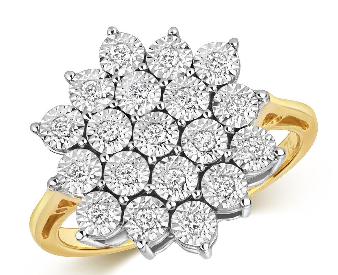 Real Diamond Ring Large Cluster 9ct Yellow Gold Engagement 0.20ctw Size J - Q