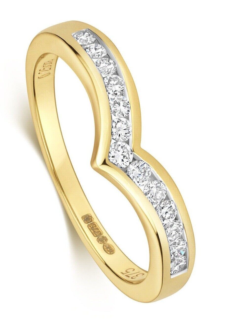 Real Diamond Wishbone Ring 9ct Yellow Gold 0.25ctw Eternity Anniversary Band