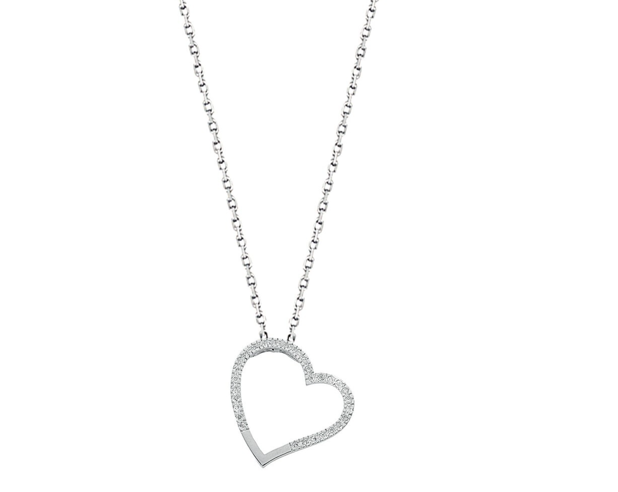 9ct White Gold 0.12ct Diamond Heart Pendant with 18in/45cm Chain Made in London