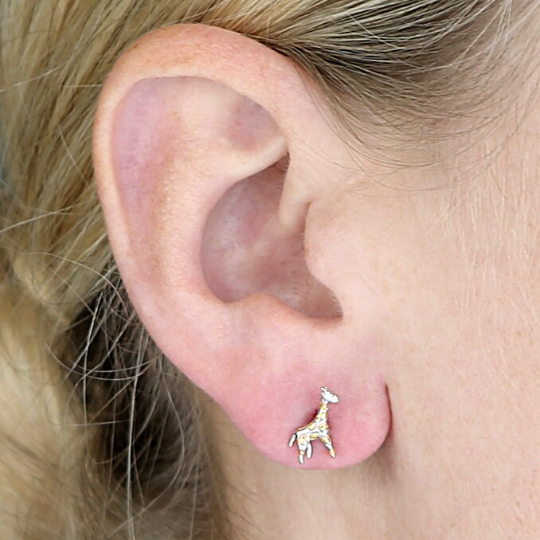 Giraffe Stud Earrings Solid .925 Sterling Silver With Gold Detail Handmade