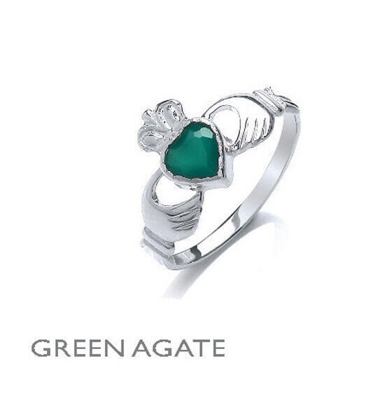 Claddagh Ring Green Agate Solid Sterling Silver Engagement Ladies