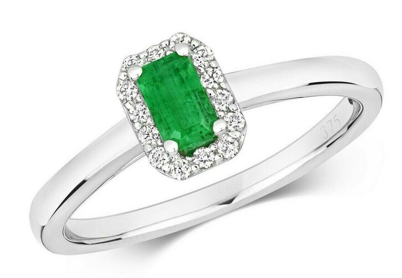Real Emerald and Diamond Ring Cluster Engagement 9ct White Gold