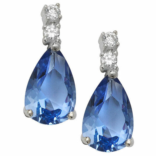Sapphire Tear Drop Earrings Sterling Silver Rhodium British Made 925 Hallmark