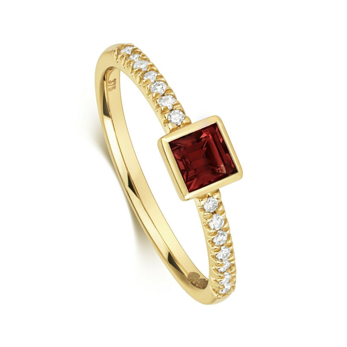 Real Garnet and Diamond Ring Solid Yellow Gold Square Solitaire Size J-Q