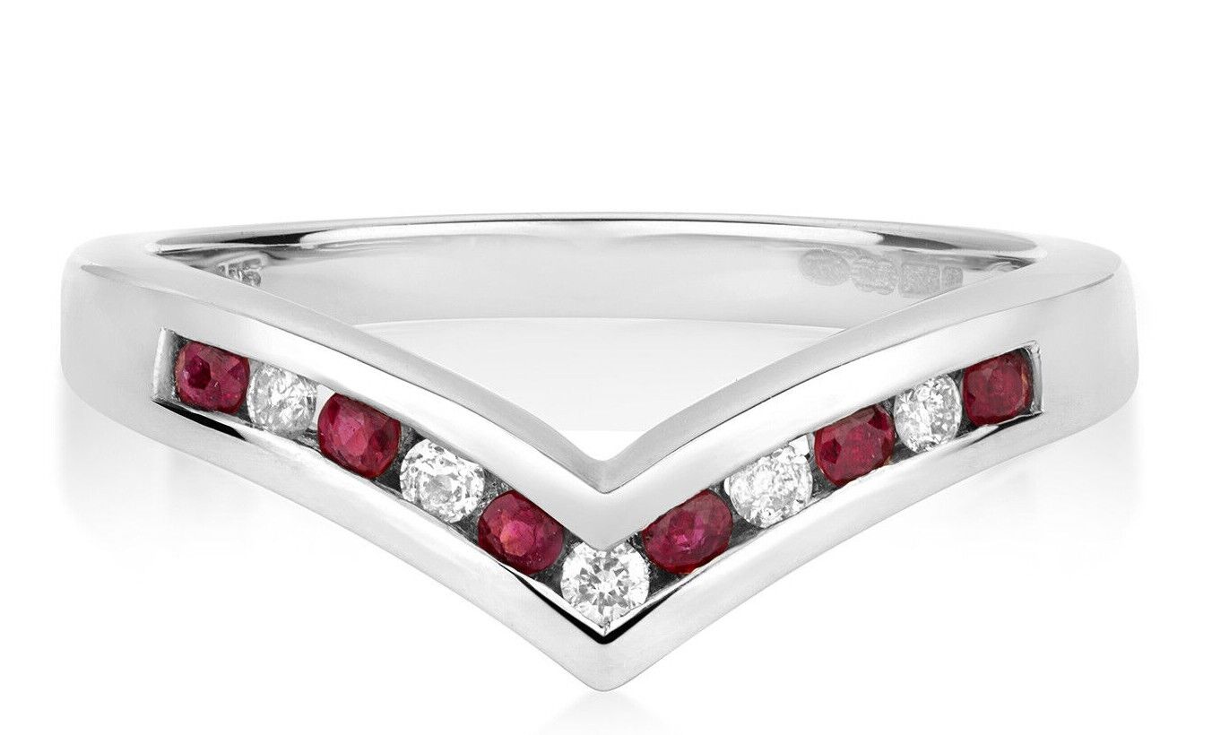 Real Ruby and Diamond Wishbone Ring Solid White Gold Eternity Anniversary