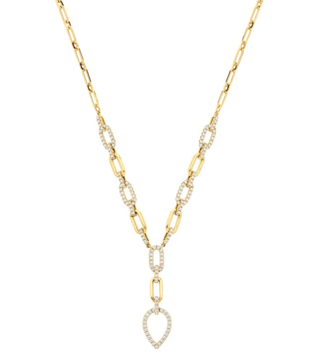 18ct Yellow Gold Pear Shaped Drop Necklace Diamond 1.30ctw Paper Chain