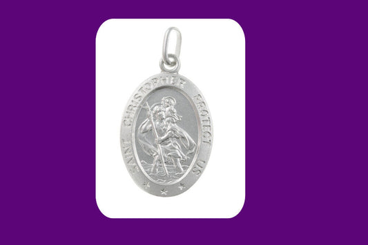 Silver St Christopher Pendant Oval Protect Us 925 Hallmark 14 - 24" Length Chain