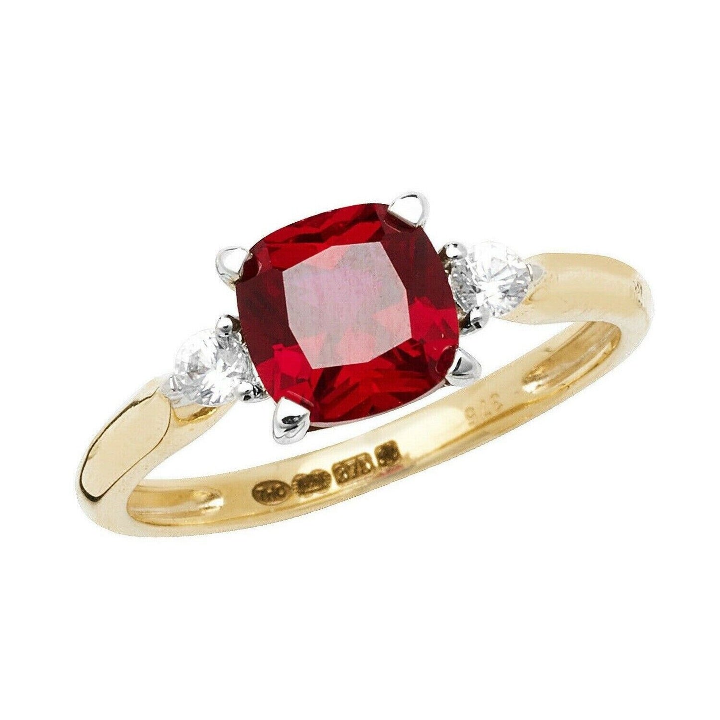 Yellow Gold Ruby Solitaire Ring Cushion White Sapphire Engagement Hallmarked