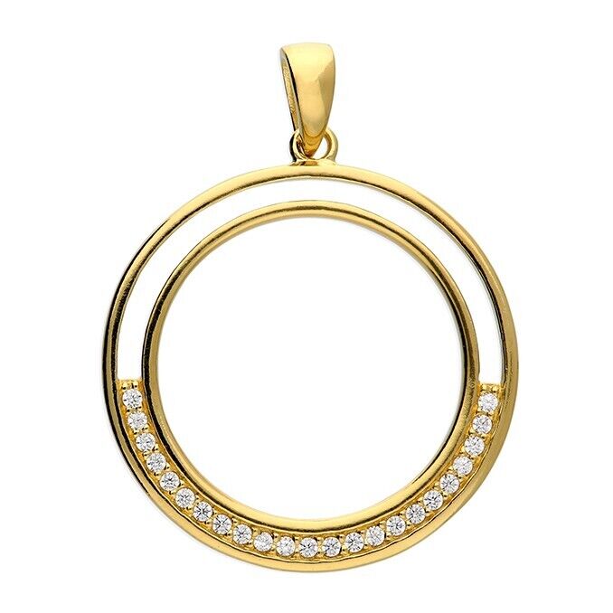 Double Circle Hoop Pendant With CZ's 18ct Yellow Gold on 925 Sterling Silver