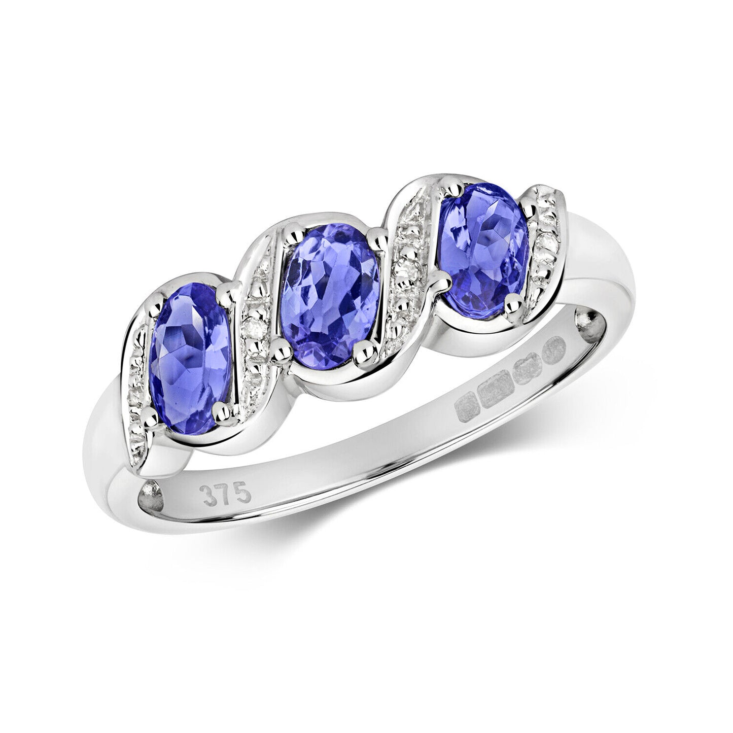 Real Tanzanite and Diamond Trilogy Ring Solid White Gold Three Stone Size J - Q