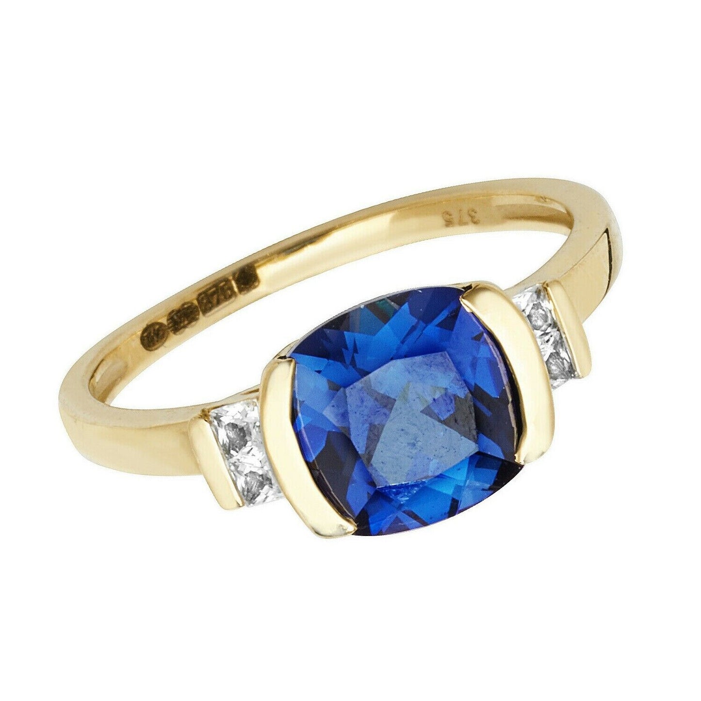 Yellow Gold Sapphire Ring Cushion Solitaire White Sapphire Engagement Hallmarked