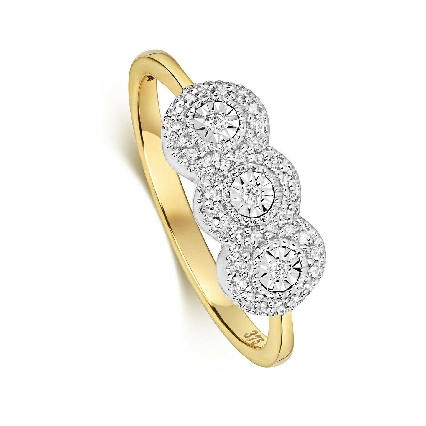 Real Diamond Ring Solid Yellow Gold Three Stone Trilogy Cluster Engagement
