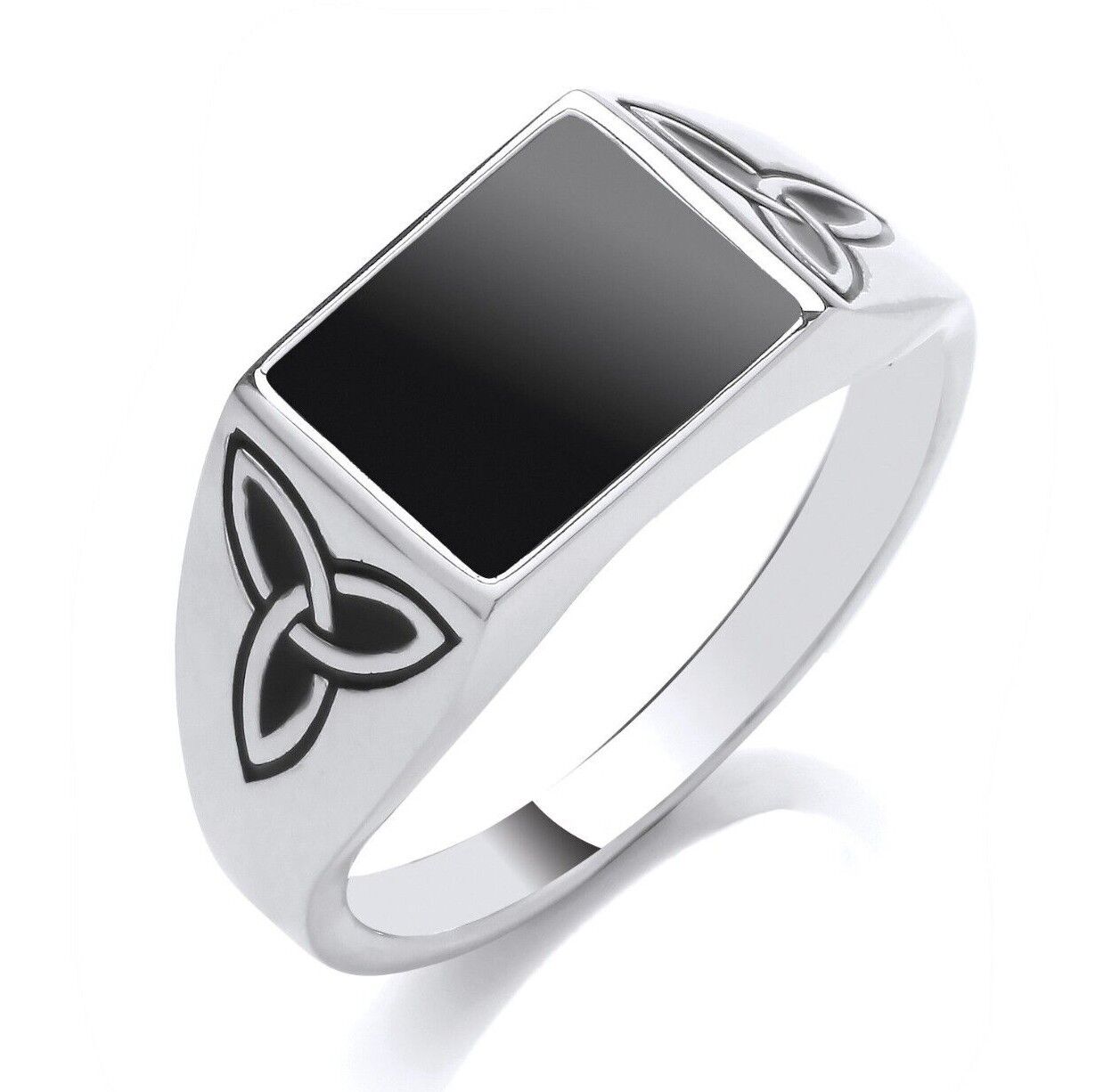 Gents Onyx Rectangular Signet Ring Solid Sterling Silver Celtic Trinity Shoulder