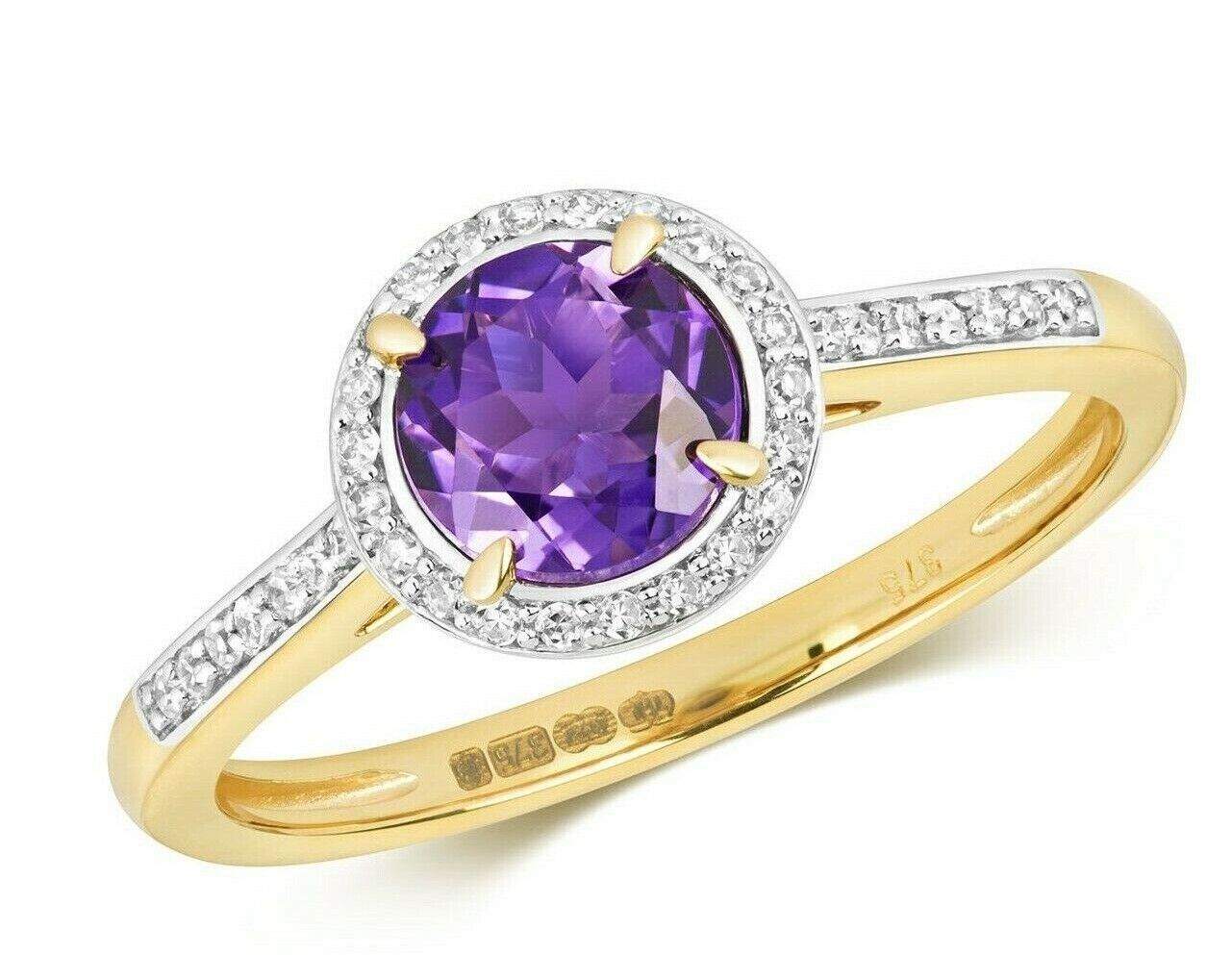 Real Amethyst and Diamond Ring Solid Yellow Gold Round Cluster Size J - Q