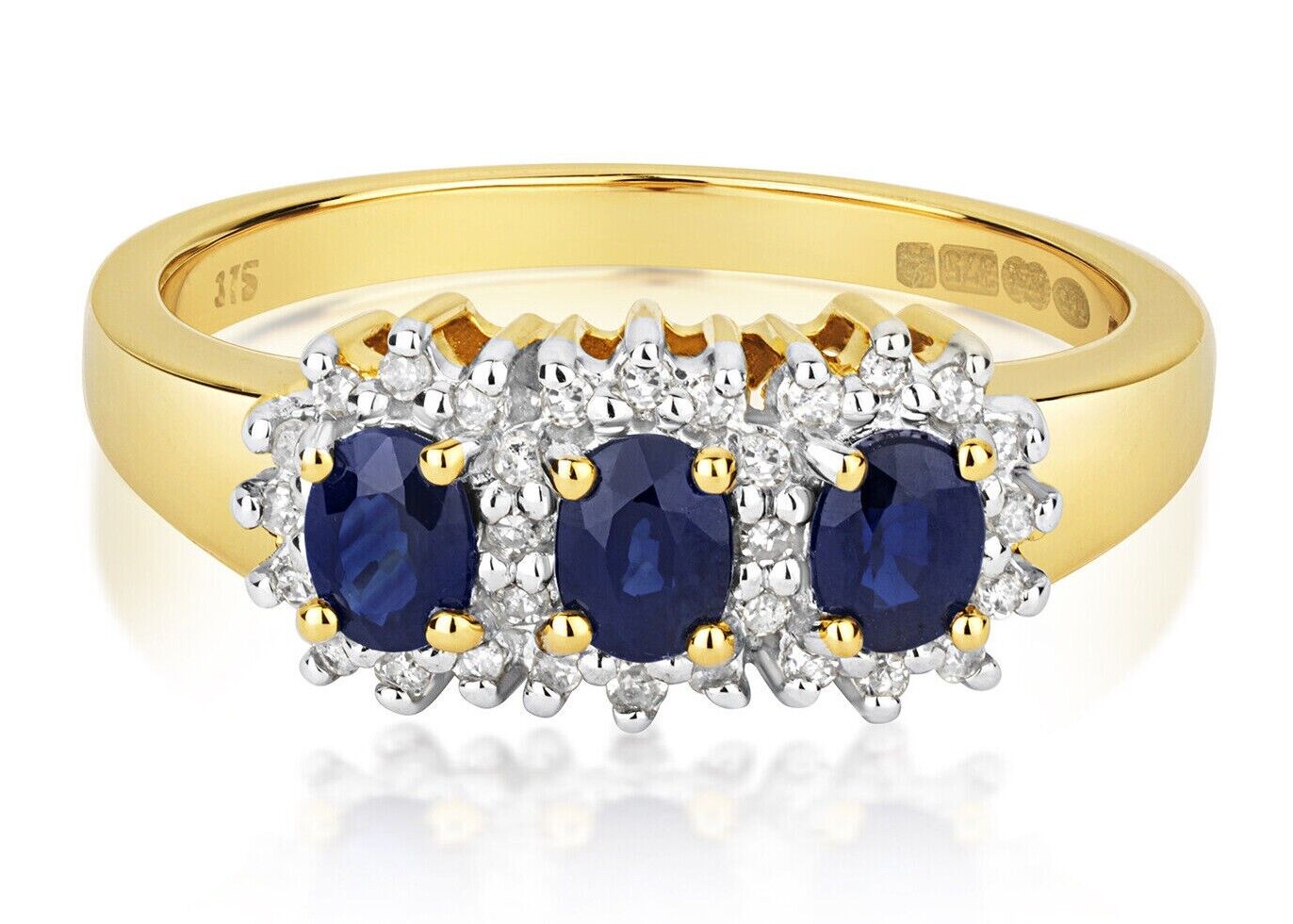 9ct Yellow Gold Sapphire and Diamond Ring Three Stone Cluster Trilogy Size J - Q