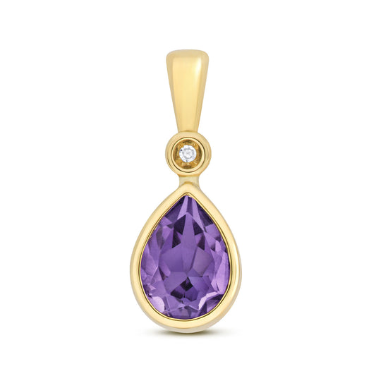 Amethyst and Diamond Solitaire Pendant 9ct Yellow Gold Teardrop Pear Necklace