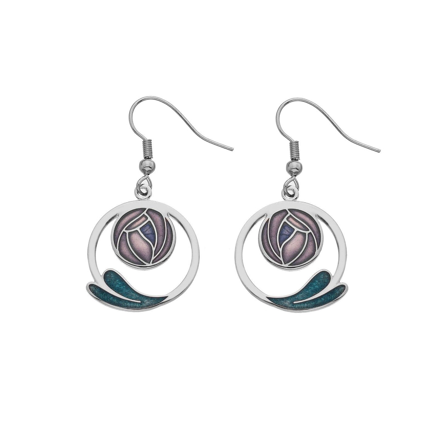 Mackintosh Rose Drop Earrings Coiled Leaf Silver Plated Branded Packaging