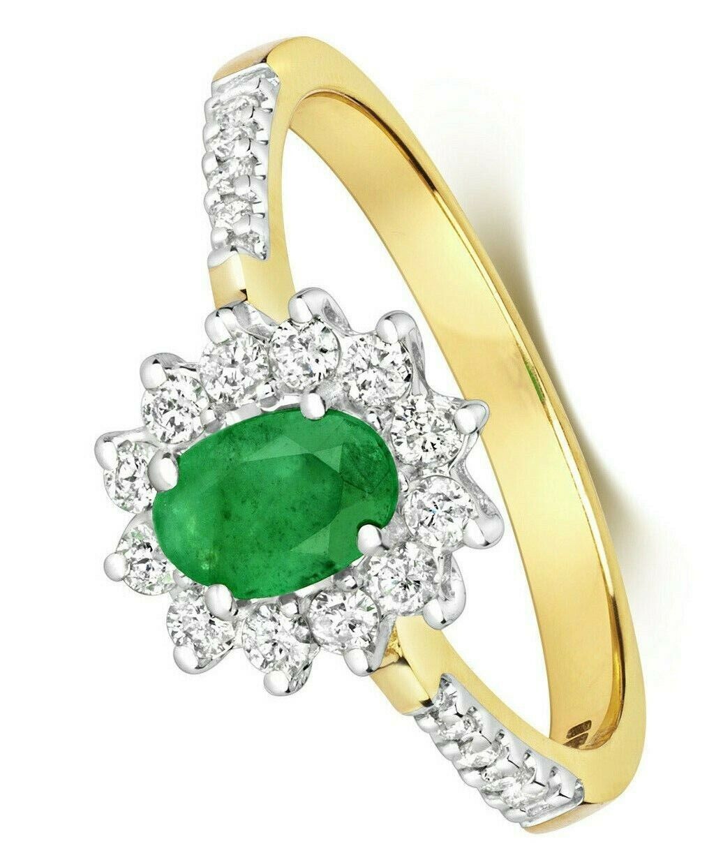 Real Emerald and Diamond Ring 9ct Yellow Gold Oval Cluster Engagement