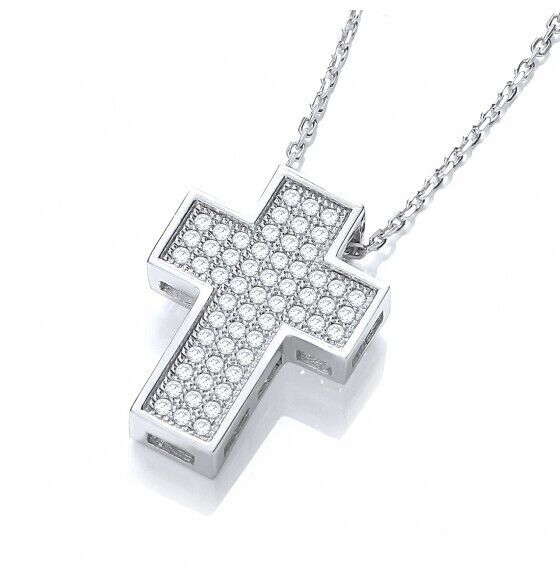 Pave Cross With Chain Solid Sterling Silver 925 Luxurious Packaging