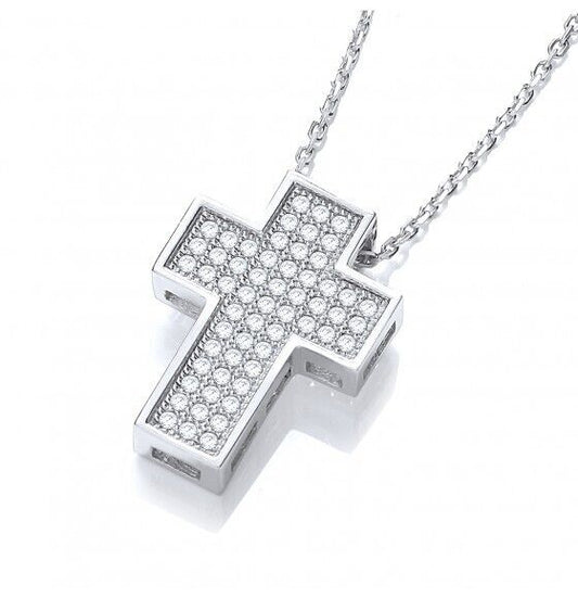 Pave Cross With Chain Solid Sterling Silver 925 Luxurious Packaging
