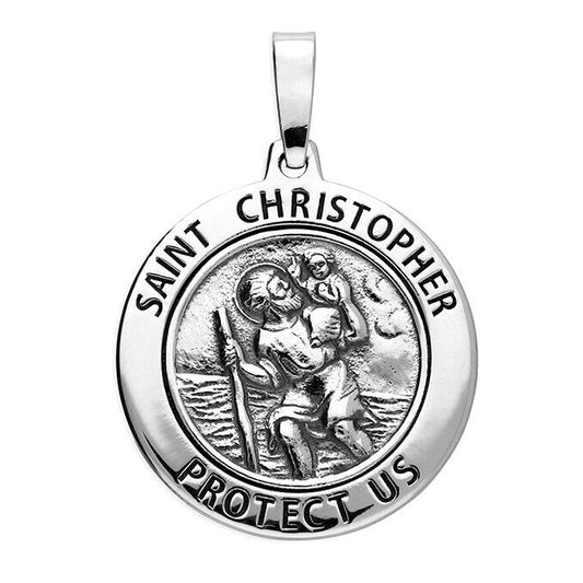 Round St Christopher Protect Us Pendant Oxidised High Detail 925 Sterling Silver