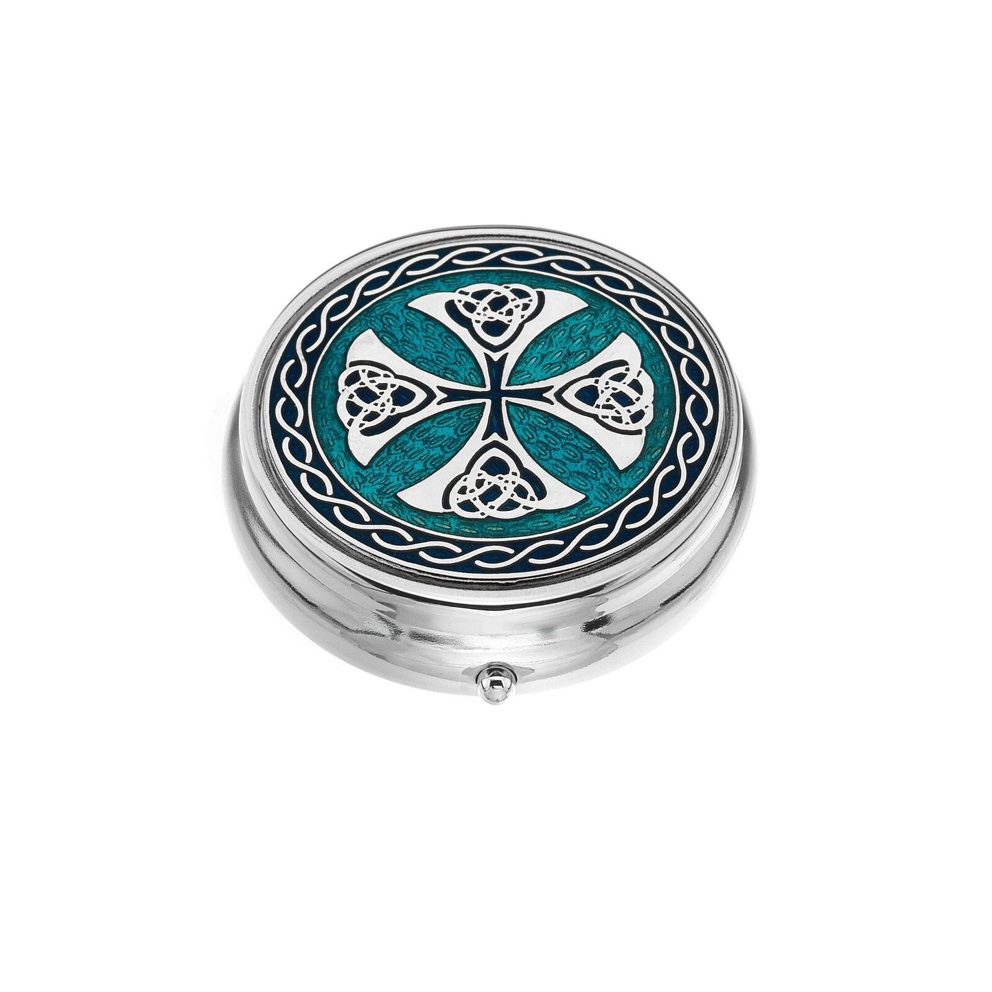 Large Pill Box Silver Plated Celtic Cross Blue Brand New & Boxed