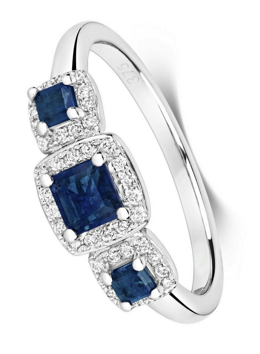 Real Sapphire and Diamond Trilogy Ring 9ct White Gold Three Stone Engagement