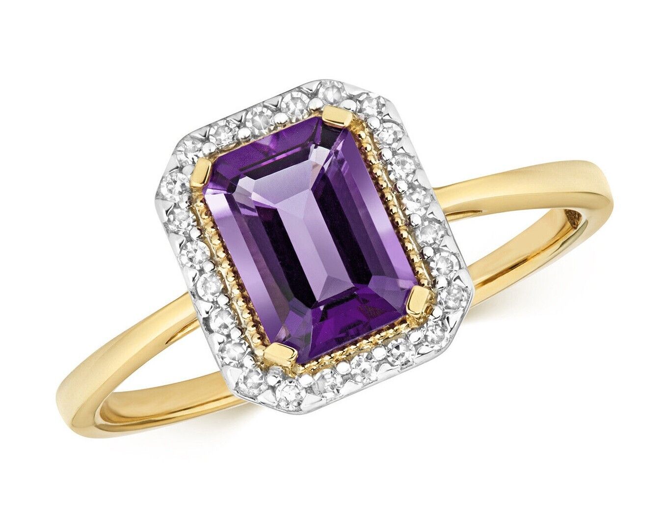 Real Amethyst and Diamond Ring Solid Yellow Gold Emerald Cut Cluster Size J - Q