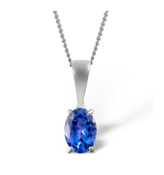 Tanzanite Oval Solitaire Pendant White Gold Hallmarked 18" Chain British Made