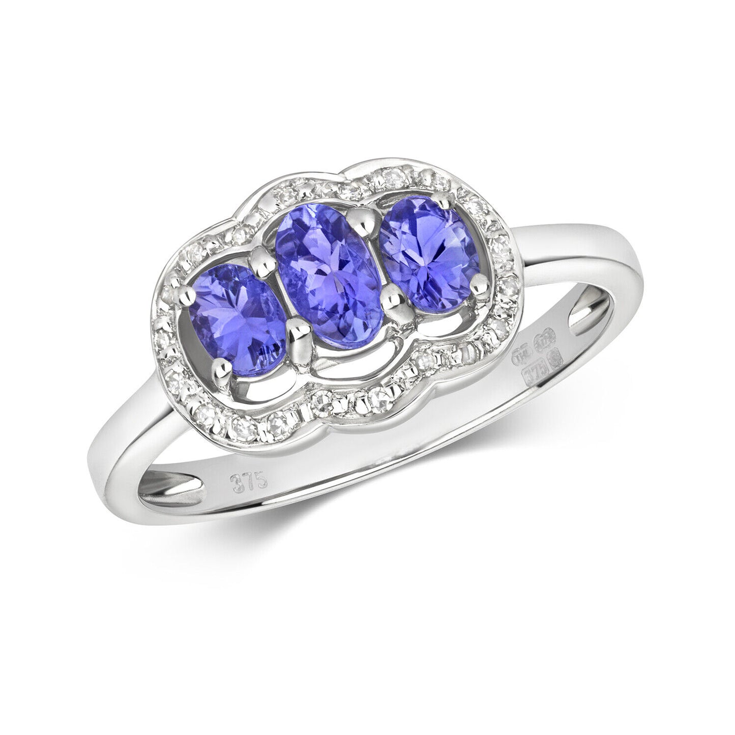9ct White Gold Tanzanite and Diamond Ring Oval Three Stone Halo Size J - Q
