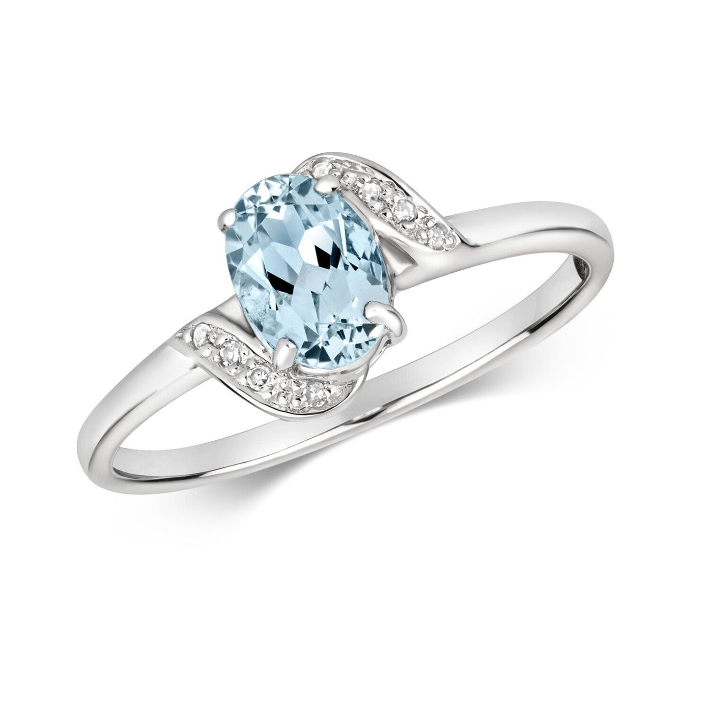 Real Aquamarine and Diamond Ring Solid White Gold Oval Twist Solitaire Sizes J-Q