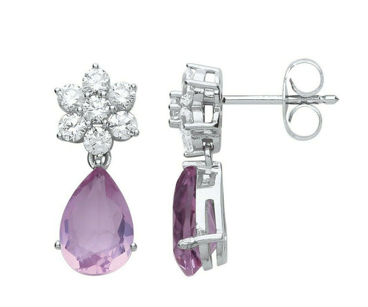 Amethyst Flower Drop Earrings Solid Sterling Silver Rhodium Plate 925 Hallmark