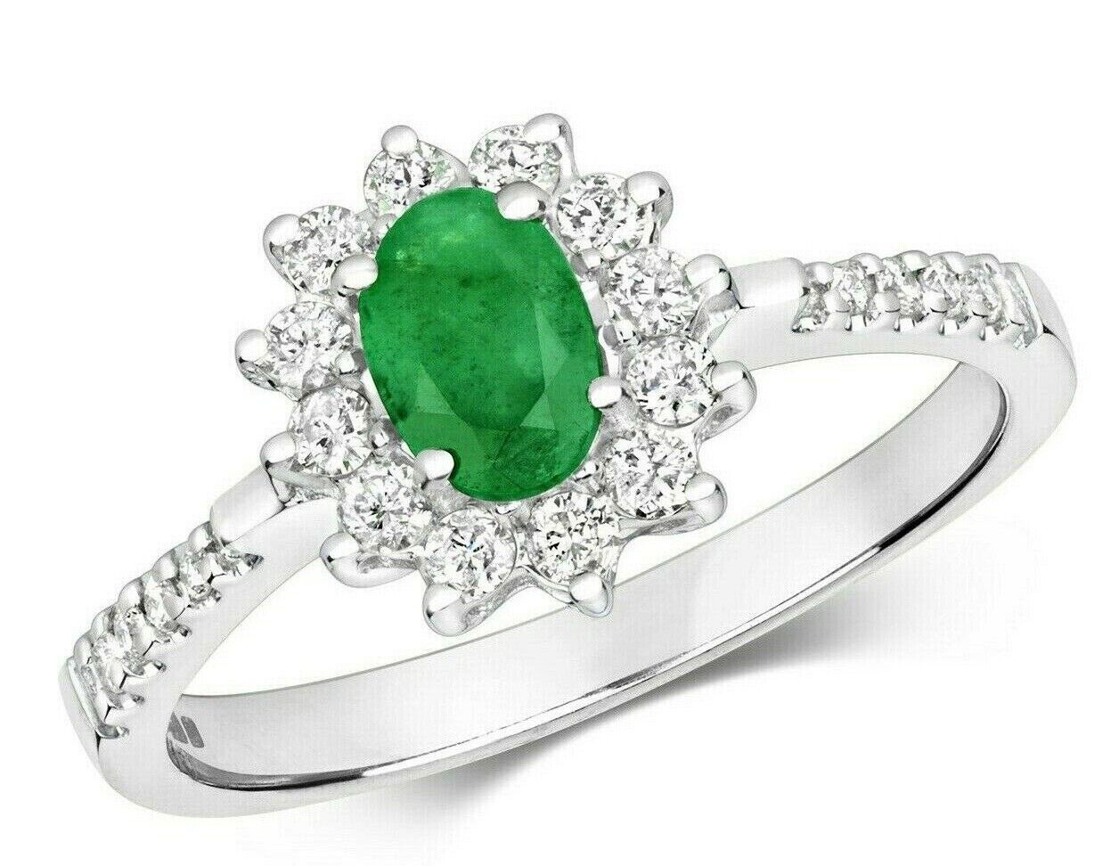 Real Emerald and Diamond Ring 9ct White Gold Oval Cluster Engagement