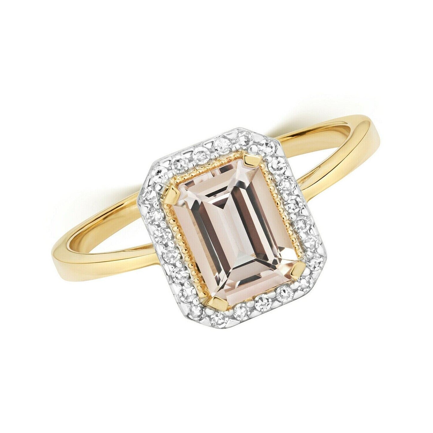 Real Morganite and Diamond Ring Solid Yellow Gold Emerald Cut Size JKLMNOPQ