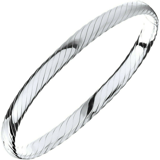 Silver Ribbed Ladies Bangle British Made Full Hallmark Heavy Weight Boxed