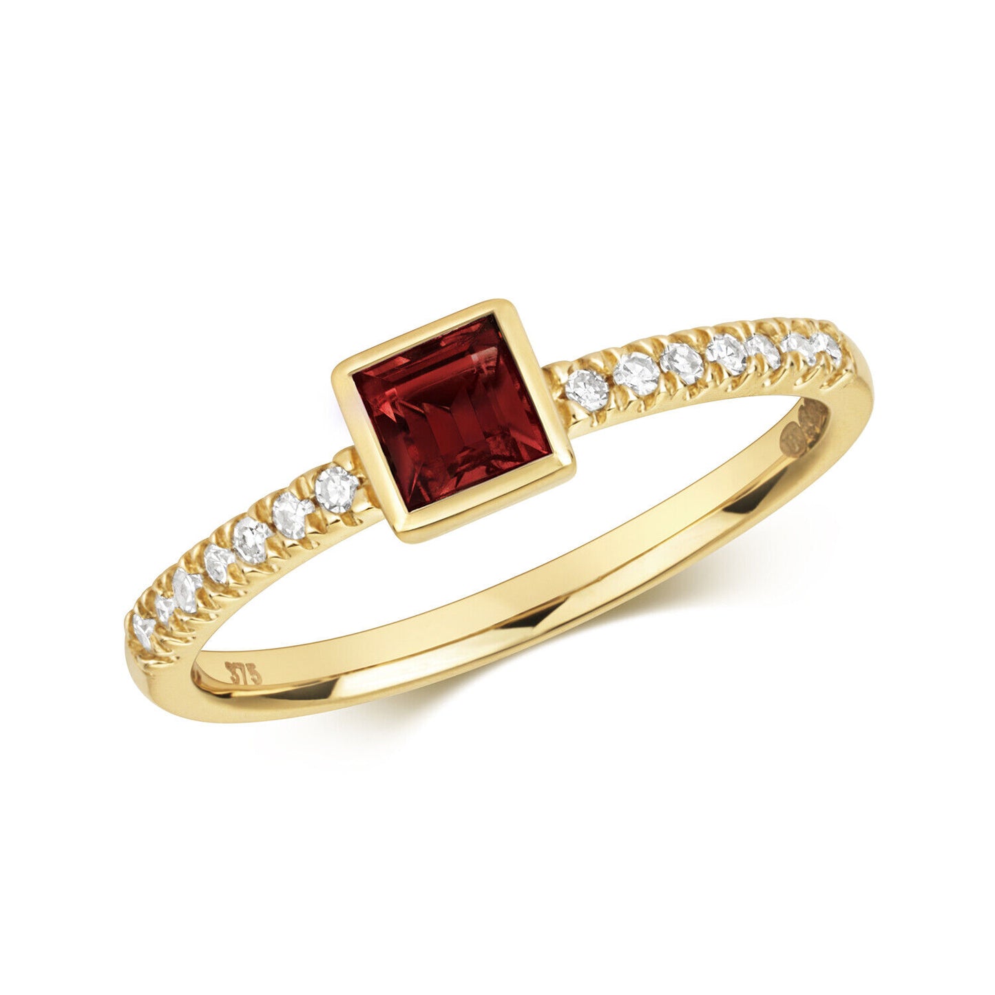 Real Garnet and Diamond Ring Solid Yellow Gold Square Solitaire Size J-Q