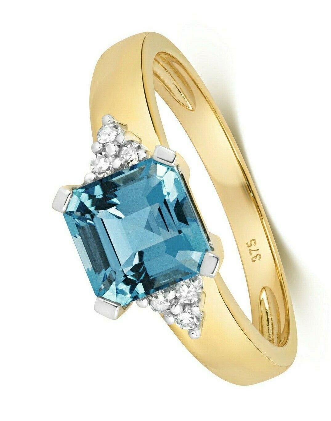 Real Blue Topaz and Diamond Ring Solid Yellow Gold Square Size J K L M N O P Q