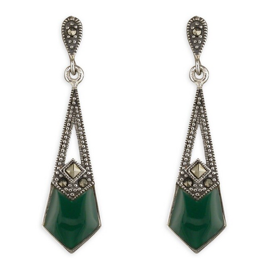 Marcasite and Green Agate Drop Stud Earrings Art Deco .925 Sterling Silver