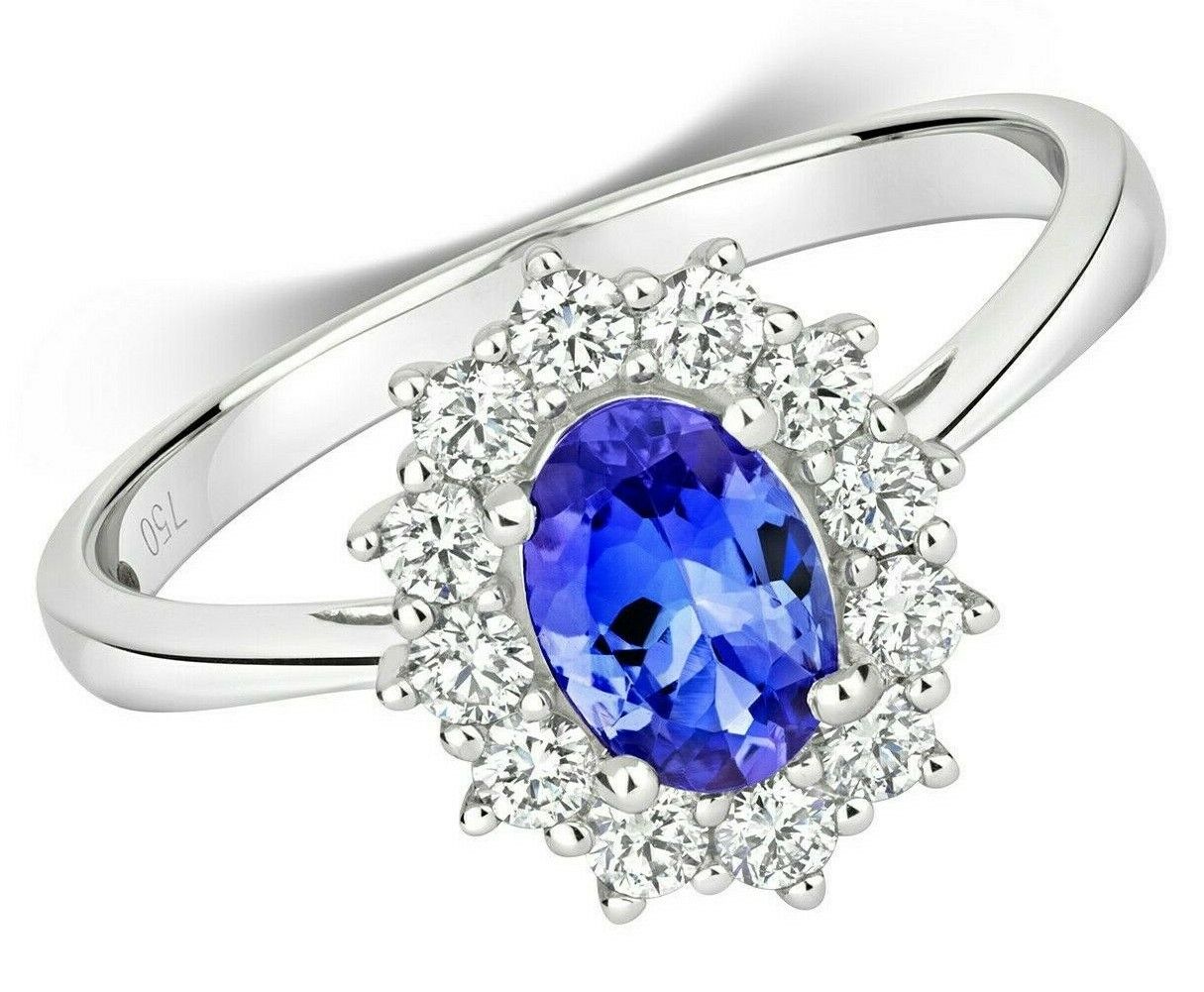 Real Tanzanite and Diamond Ring 18ct White Gold Oval Cluster Engagement