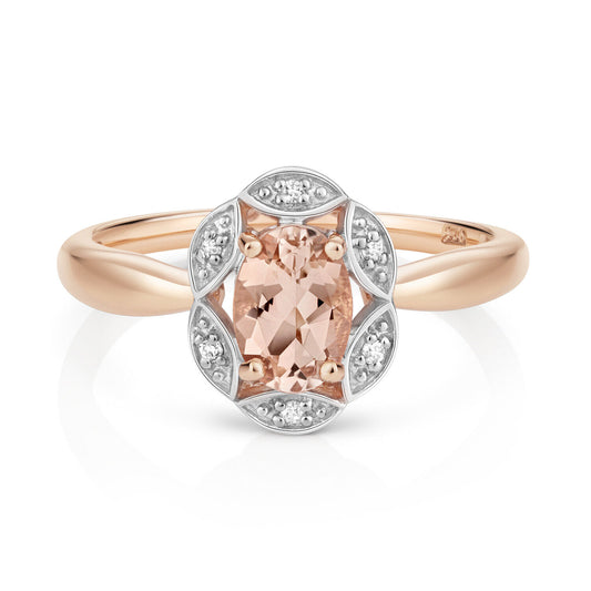 Real Morganite and Diamond Ring Solid Rose Gold Oval Cluster Marquise Size J - Q