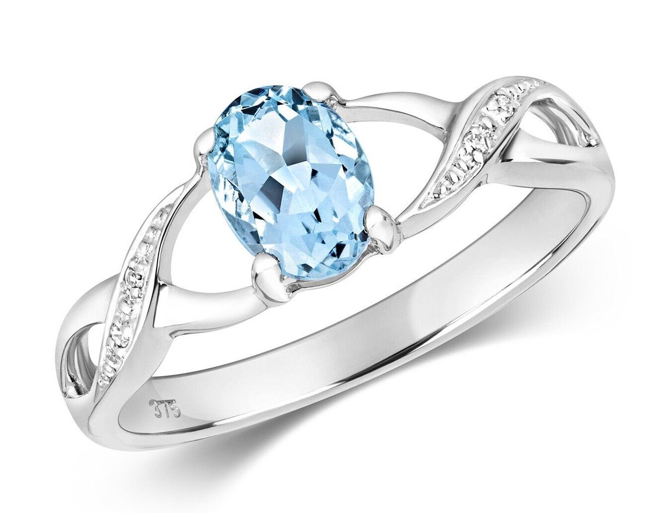 9ct White Gold Aquamarine and Diamond Ring Oval Solitaire Twist Shoulders
