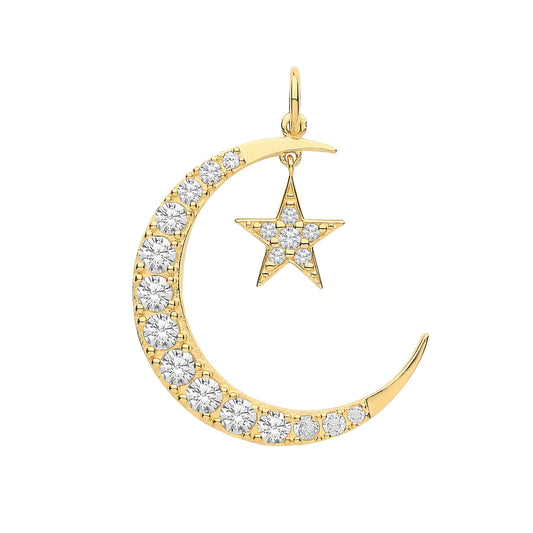 Moon & Star Pendant Yellow Gold 24mm x 19mm British Made
